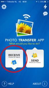 Het openingsscherm van de Photo Transfer App op MobieleFotografie